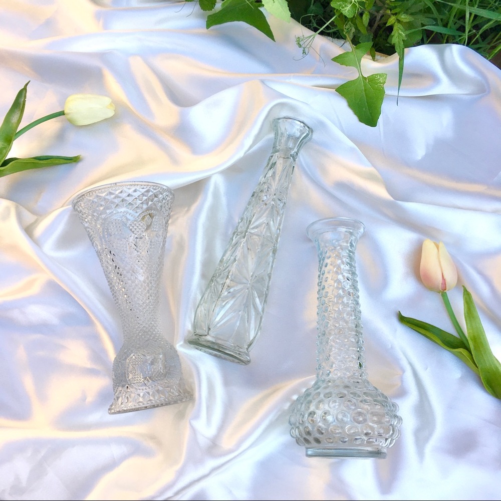 Vintage ❉ Embossed Glass Vase Trio